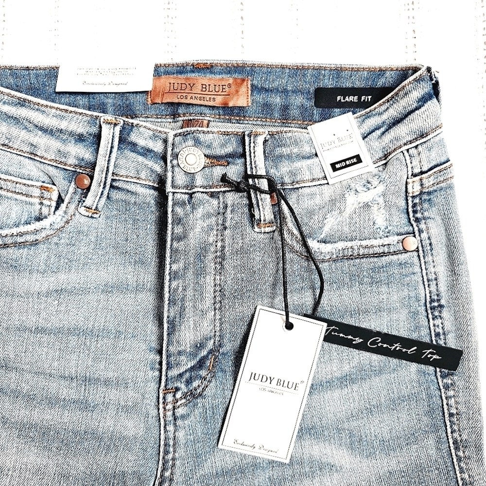 Judy Blue Mid Rise Tummy Control Medium Wash Flare Jeans Distressed Various NEW - Picture 9 of 16
